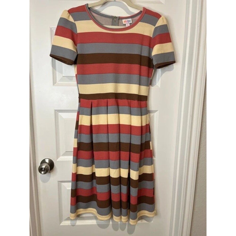 lularoe pleated midi dress sz Medium striped fall pockets